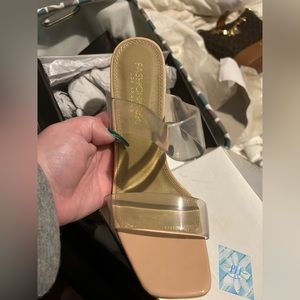 TAUPE/CLEAR SLIP ON HEELS, NEVER WORN